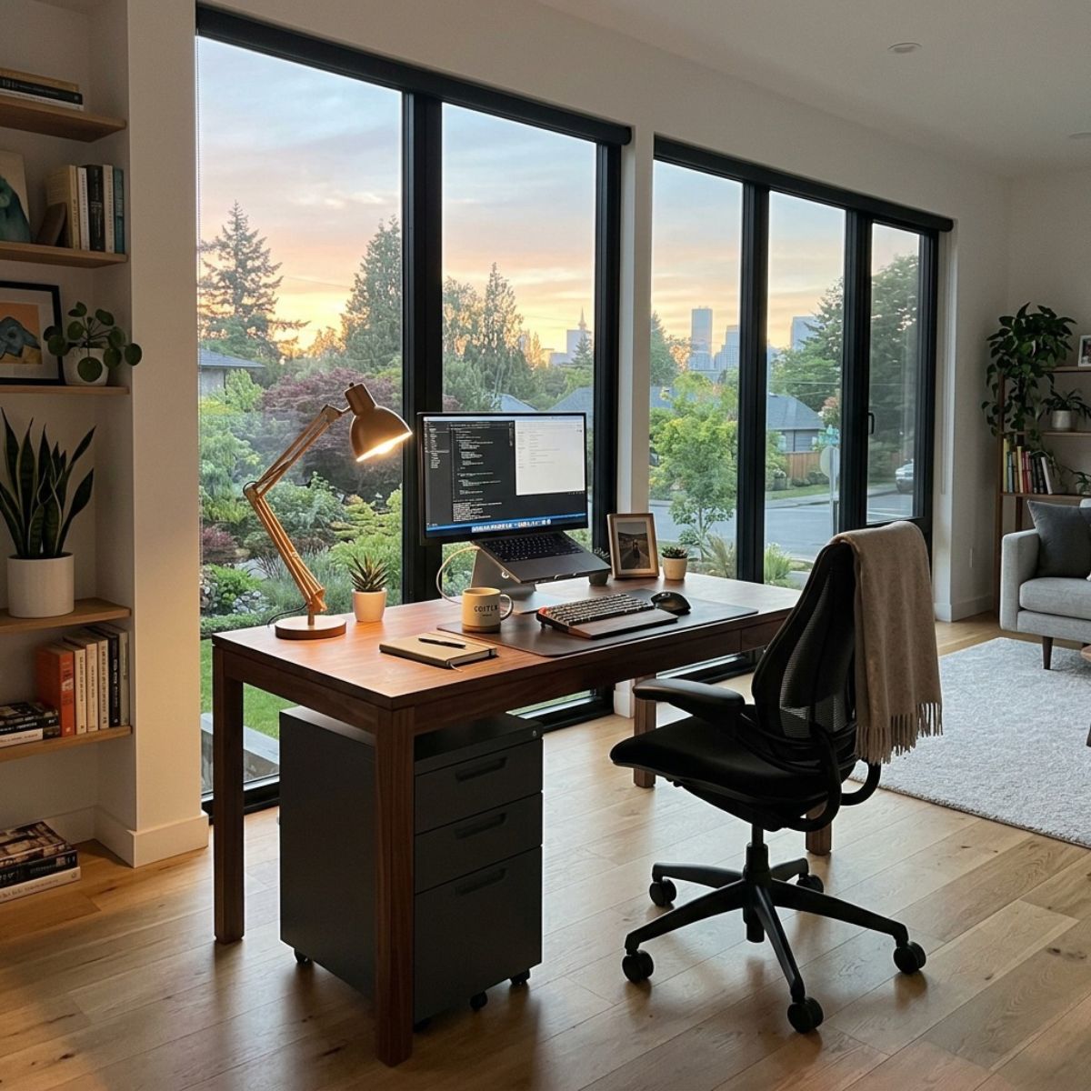 Home office moderno con silla ergonómica reacondicionada y escritorio de diseño para teletrabajar